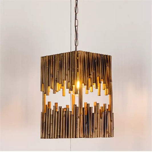 1-Light Retro Bamboo Tube Cuboid Suspension Pendant Lamp