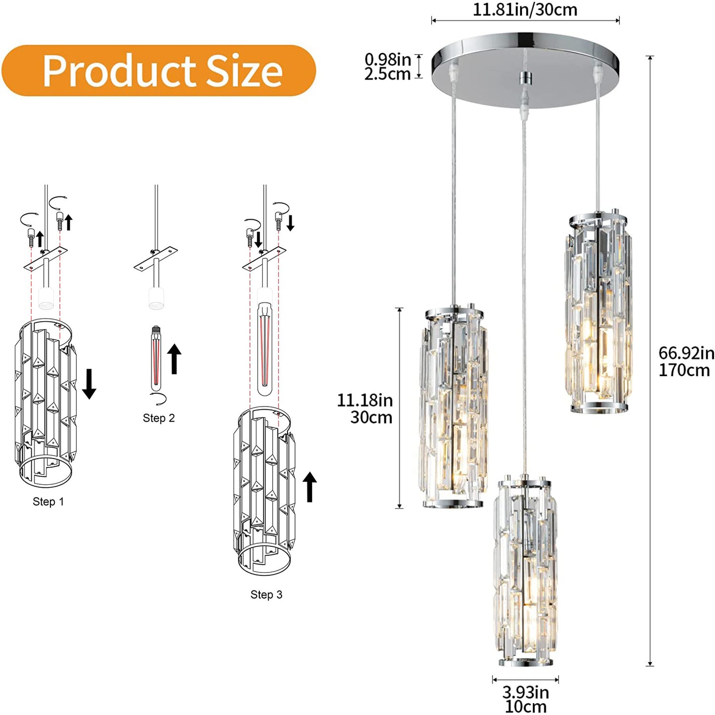 Industrial Crystal Chandelier - Iron & Glass Pendant Light with Vintage Modern Style