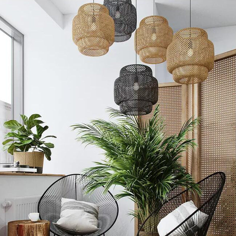 Rustic 3-Tiered Bamboo Woven Pendant – Single Cylinder Living Room Light
