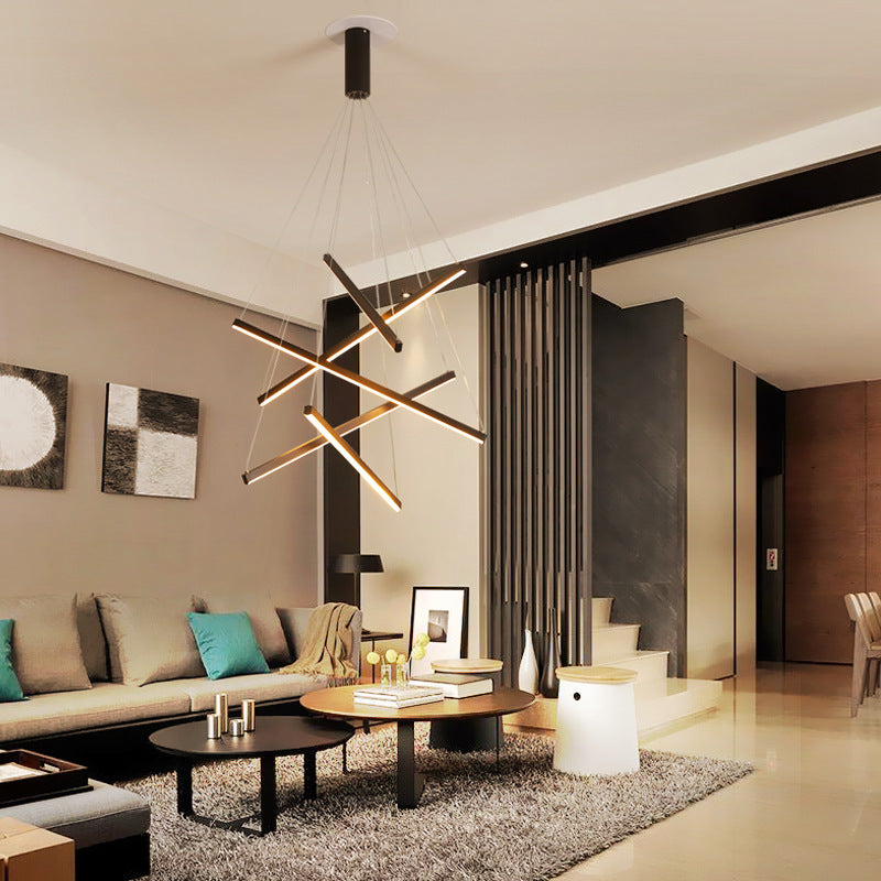 Modern Black LED Strip Chandelier - Minimalist Stepless Dimming Ceiling Light with Remote Control