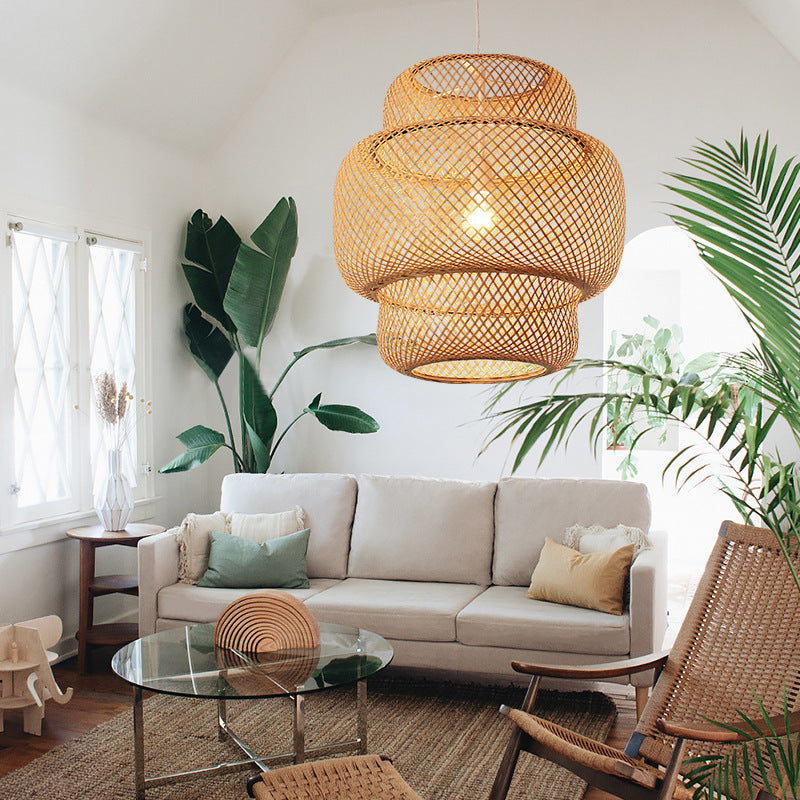 Rustic 3-Tiered Bamboo Woven Pendant – Single Cylinder Living Room Light