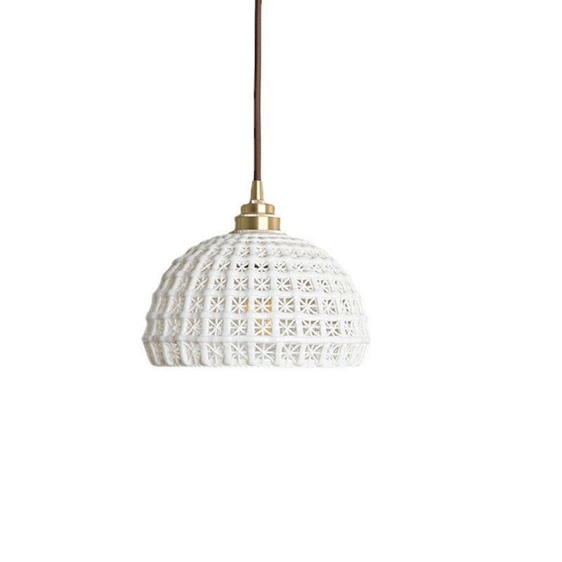 Ceramic & Copper Pendant Light - Modern Semi-Globe Hanging Lamp for Dining Room