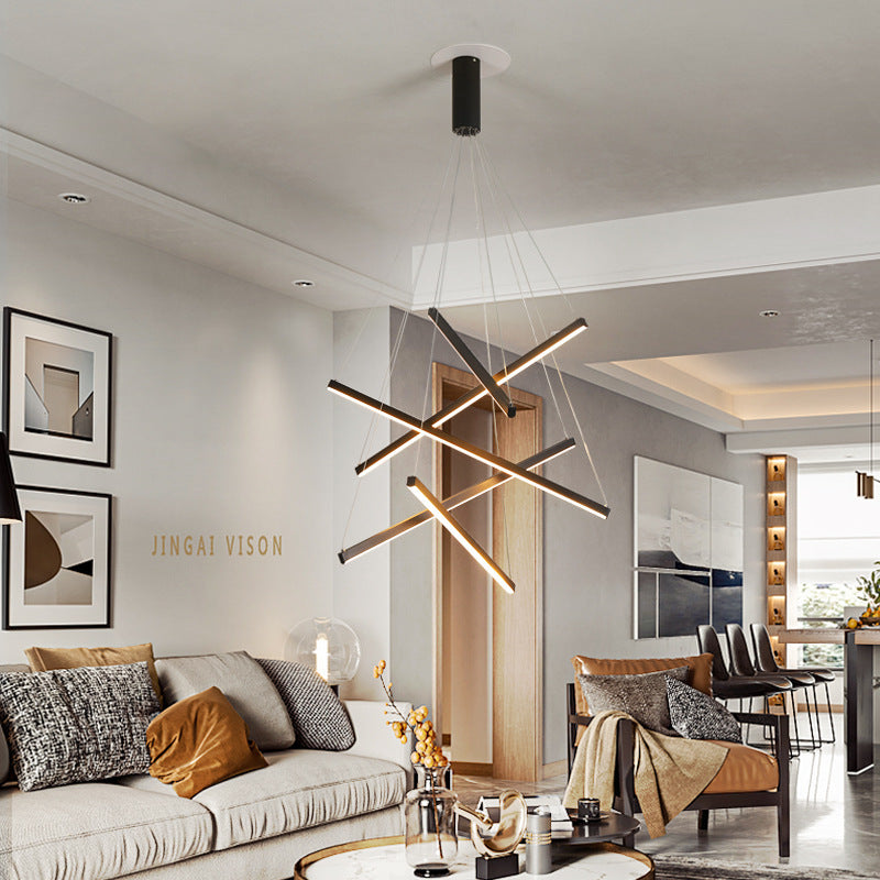 Modern Black LED Strip Chandelier - Minimalist Stepless Dimming Ceiling Light with Remote Control