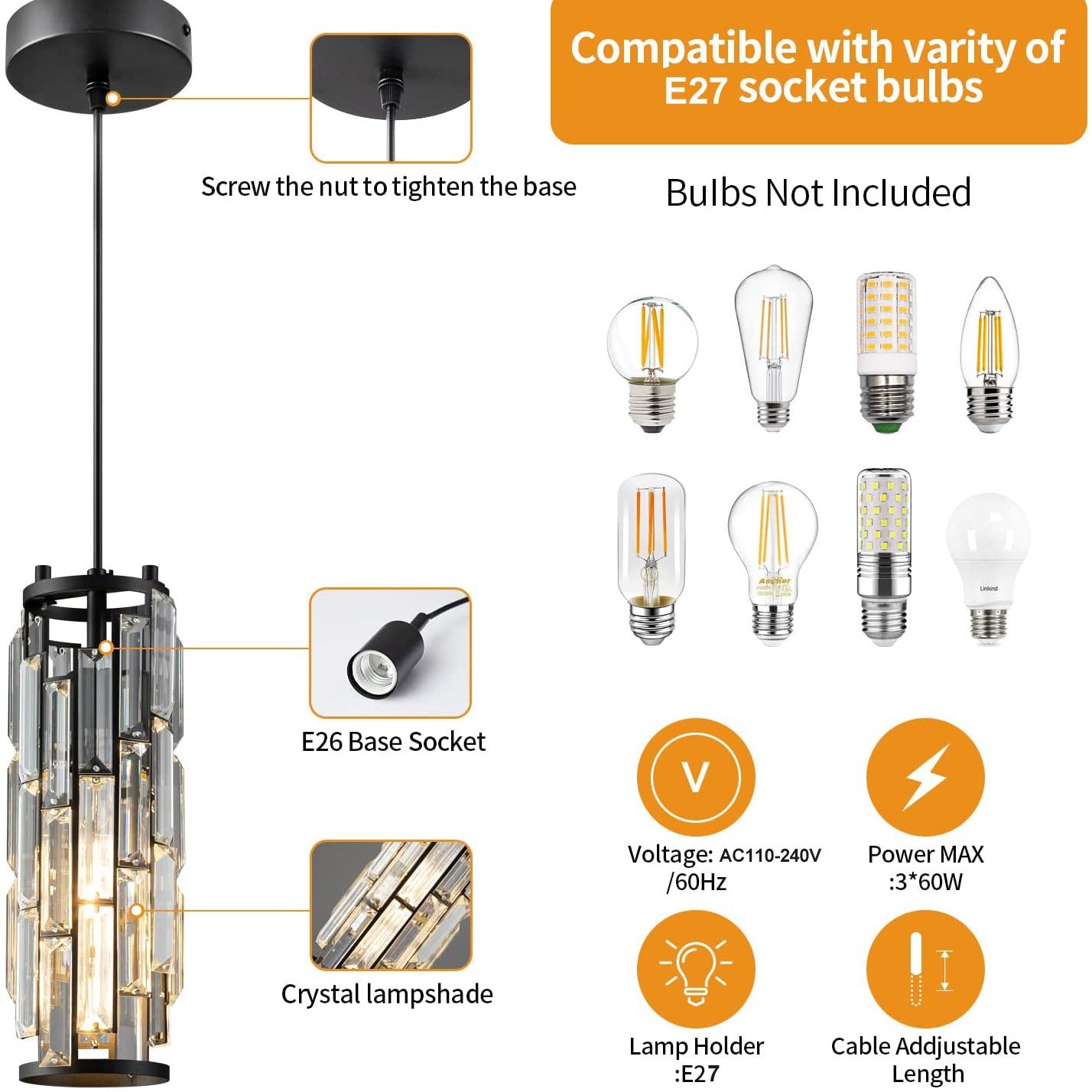 Industrial Crystal Chandelier - Iron & Glass Pendant Light with Vintage Modern Style